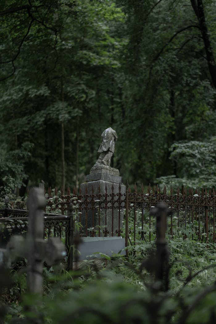 A serene and mysterious forest cemetery with antique tombstones surrounded by lush greenery.