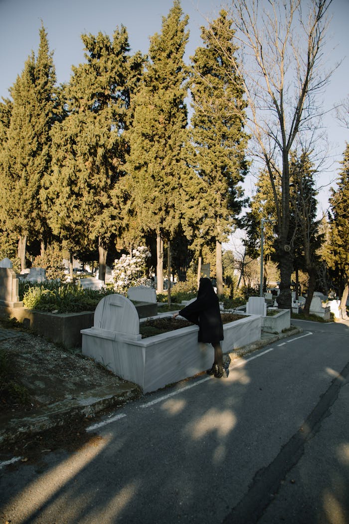 services-08 Back view of unrecognizable female in black clothes standing near stone grave in cemetery among green trees in sunny day